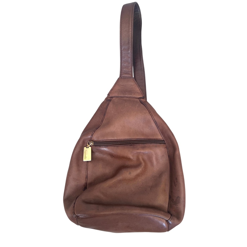Tignanello Sling Backpack Brown Leather Teardrop Vintage 90s Minimalist Boho VTG